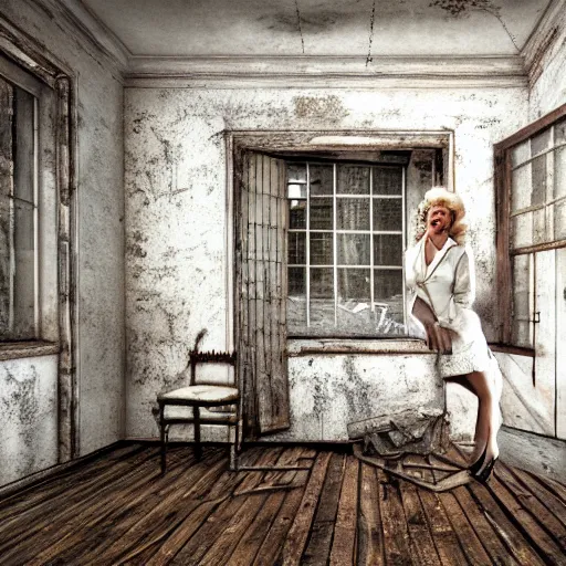 Prompt: marlin monroe inside a derelict house, realistic, 8k resolution, hyperdetailed, highly detailed, real life, studio lighting, high quality, digital art, portrait