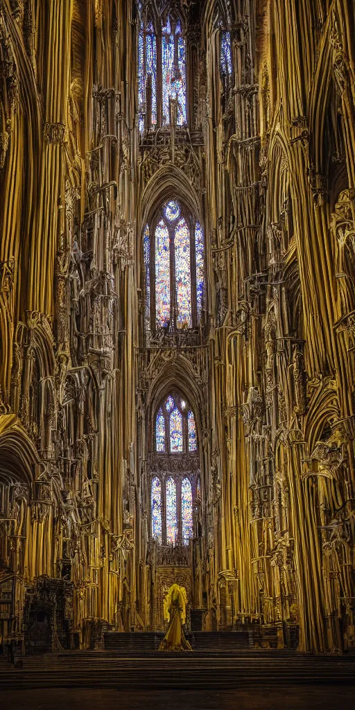 Prompt: a tall pale humanoid wearing a yellow garment sitting upon an ornate stone throne, 4K, digital art, horror, dramatic, wearing a long yellow rotting garment, dark, hyperrealistic, perspective, complex (((dark))) cathedral background with volumetric lights coming in through cathedral windows, dark background, highlights,