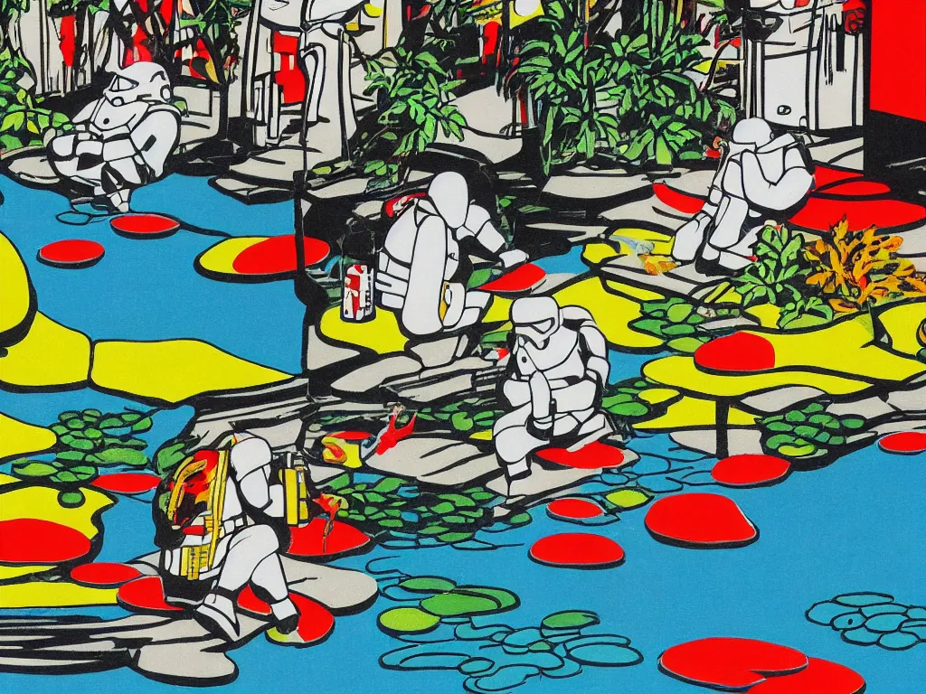 Image similar to close - up image of a japanese house with a pond, stormtroopers sitting around it, pop - art style, the style of andy warhol, roy lichtenstein and jackie tsai, bright and saturated palette, acrylic on canvas