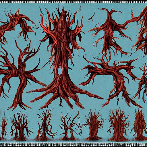 Prompt: a set of demonic trees, sprite assets for video game