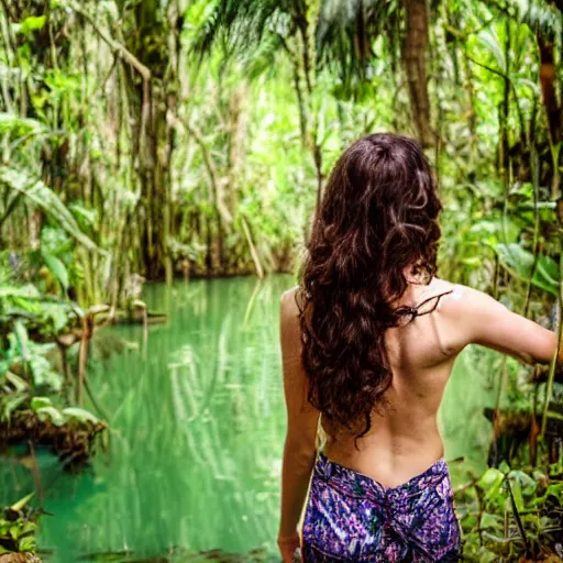 Image similar to beautiful female model, symmetric photo, back view, walking into a cenote in a lush jungle, vintage photograph, long wavy brunette hair, faded, artistic composition, award winning artistic photograph