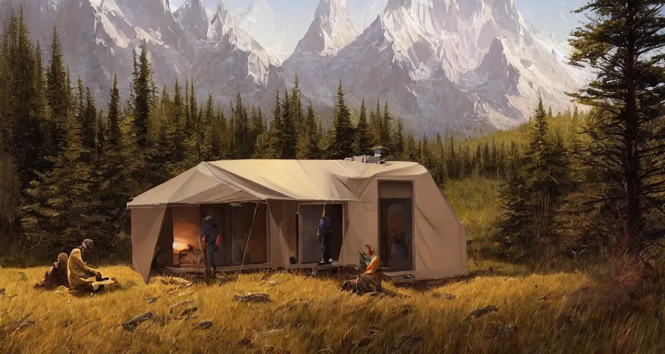 Image similar to cabela's beautiful comfortable modular insulated container home wall kit - house all weather family dwelling tent house, person in foreground, mountainous forested wilderness open fields, beautiful views, painterly concept art, environmental concept art, concept art illustration, by james gurney, by craig mullins, by greg rutkowski trending on artstation