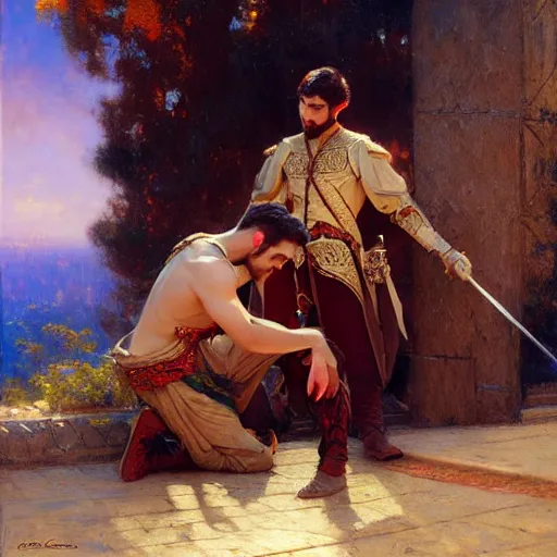 Image similar to attractive fully clothed king confesses his love for his attractive fully clothed male prince. highly detailed painting by gaston bussiere, craig mullins, j. c. leyendecker 8 k