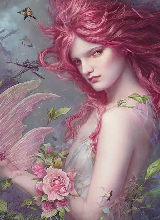 Image similar to a beautiful pink fairy with large wings and long flowing hair exploring her flower garden, style of tom bagshaw, extremely detailed, muted colors