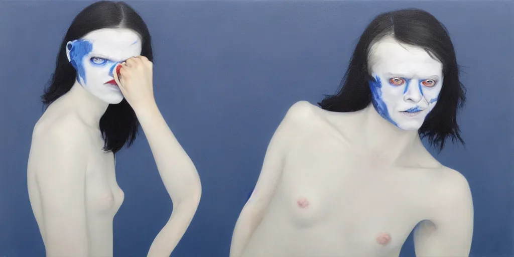 Image similar to with malice, your blue skin, with malice, your blue eyes, with malice, your, white smile with malice, your whole body, at last, with malice, with malice, will it be when i stay awake thinking of her, does she think a little about me? painting by gottfried helnwein