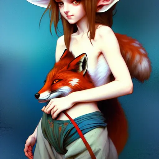 Image similar to Cuddly fox girl with large ears and blue eyes, face, realistic, cute, cartoonish, digital painting, artstation, concept art, smooth, sharp focus, illustration, art by Krenz Cushart and Artem Demura and alphonse mucha