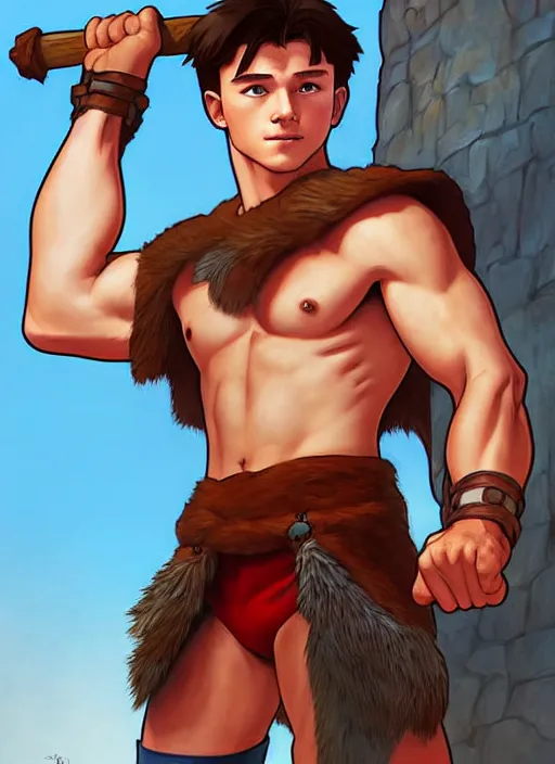 Image similar to cute muscular tom holland wearing barbarian tunic, natural lighting, path traced, highly detailed, high quality, digital painting, by don bluth and ross tran and studio ghibli and alphonse mucha, artgerm