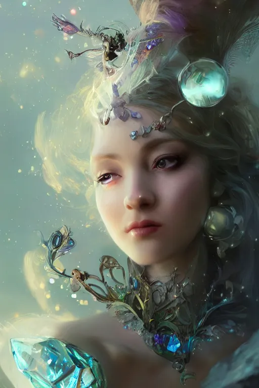 Prompt: face closeup beautiful girl fairy witch wearing crystal diamon dress, 3 d render, holding electricity, hyper realistic detailed portrait, ruan jia, wlop, fantasy, hyper detailed, octane render, concept art, ornaments, mucha vibe, dieselpunk, solarpunk, artstation, peter mohrbacher