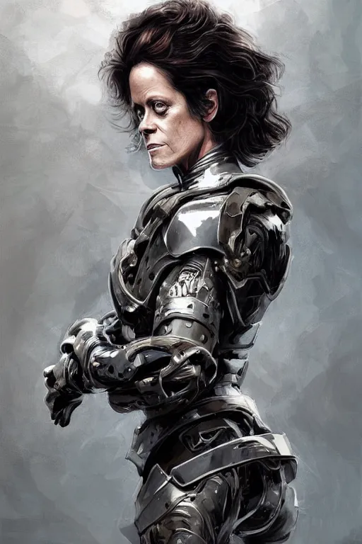 Prompt: a finely detailed portrait of Sigourney Weaver, clothed in military-style battle armor, shoulder mounted gun, olive skin, long dark hair, beautiful bone structure, symmetrical facial features, intricate, elegant, digital painting, trending on Artstation, concept art, smooth, sharp focus, illustration, from Metal Gear by Ruan Jia and Mandy Jurgens and Artgerm and William-Adolphe Bouguereau, award winning