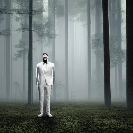 Prompt: a man with the head of a tv screen wearing white suit in the woods, cinema 4d, cinematic lighting, fog