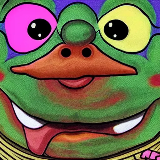 Image similar to A colorful pepe the frog clown, crazy, funny, stupid