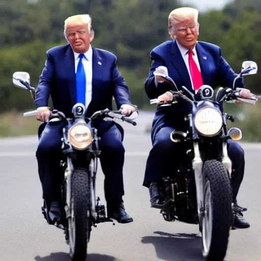 Prompt: donald trump and joe biden riding a motorcycle