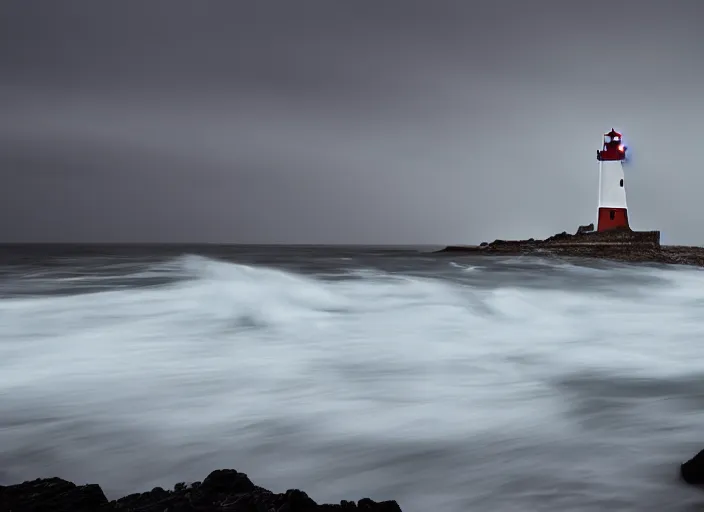 Image similar to a photo of a lighthouse in a storm at night. lonely, churning waves, splashing on lighthouse. warm lighting, long exposure