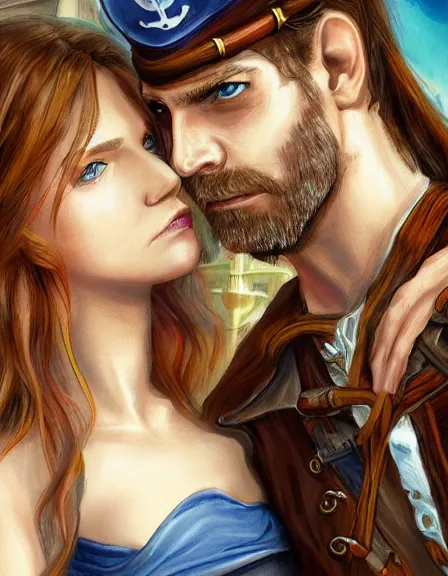 Image similar to couple in love. fully clothed armed female pirate captain, rachel wall, with a male pirate partner, sun, summer, blue eyes, beauty, wisdom, love, strength, knowledge, smart, portrait, symmetrical, highly detailed, digital painting, artstation, smooth, sharp focus, illustration, strength, art nouveau. 8 k