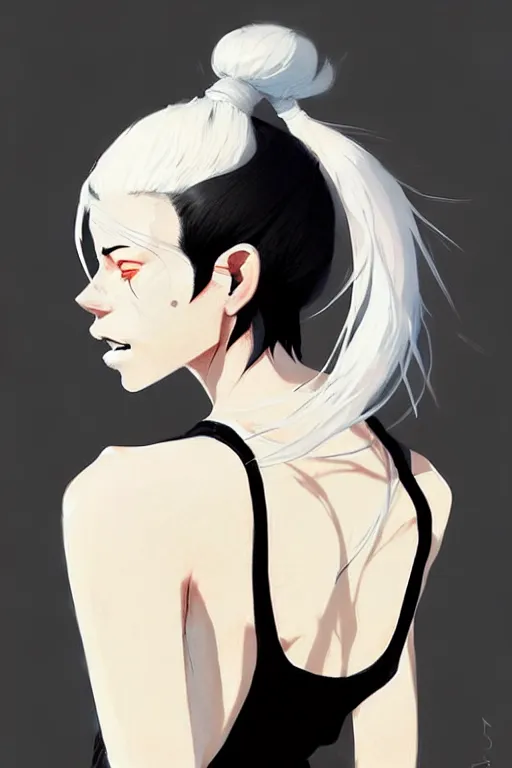 Image similar to a ultradetailed beautiful painting of a stylish woman in with white hair in a ponytail, she is wearing a black tank top, by conrad roset, greg rutkowski and makoto shinkai trending on artstation