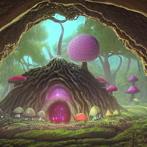 Image similar to concept art painting of a interior of a fungal circular alien fantasy fairytale house made of mushrooms, with black vines, realistic, detailed, cel shaded, magenta and gray, dark, in the style of makoto shinkai and greg rutkowski and james gurney