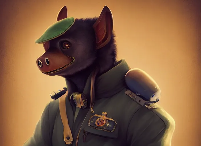Image similar to character portrait feature of the anthro male anthropomorphic rodrigues fruit bat fursona wearing airline pilot outfit uniform professional pilot character design stylized by charlie bowater, ross tran, artgerm, and makoto shinkai, detailed, soft lighting, rendered in octane