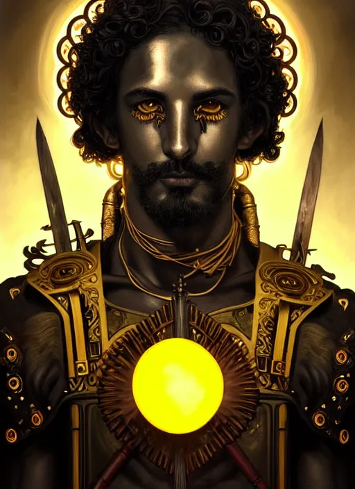 Image similar to portrait of greek god ares, black curly hair, glowing eyes, volumetric lights, war, weapons, yellow red scheme, art nouveau botanicals, gothic, intricate, highly detailed, digital painting, artstation, concept art, smooth, sharp focus, symmetric face, illustration, steampunk, art by artgerm and greg rutkowski and alphonse mucha