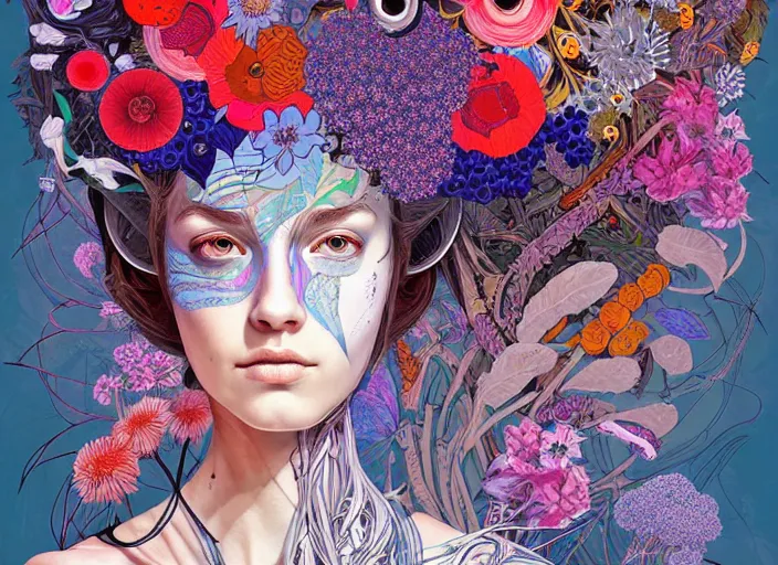 Image similar to a painting of a beautiful cyborg girl with a lot of flowers and blueberries and exotic plants on its head, poster art by android jones, behance contest winner, generative line art, made of flowers, grotesque, concert poster