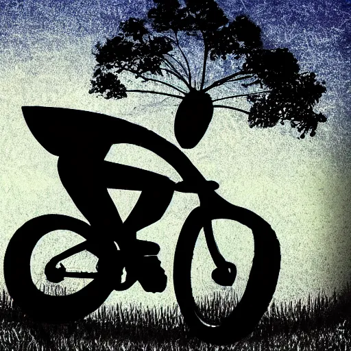 Prompt: a silhouette of an alien making a big jump with bike with a basket in front of it, flying, a silhouette of trees and big grass, big shiny moon on the background at night, photograph, award winning