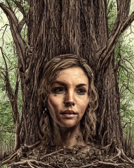 Image similar to The face of a woman being recovered of big tree roots, calm-looking, digital art, artstation, 8k, intricate, meaningful, louisiana bayou background, southern gothic mood