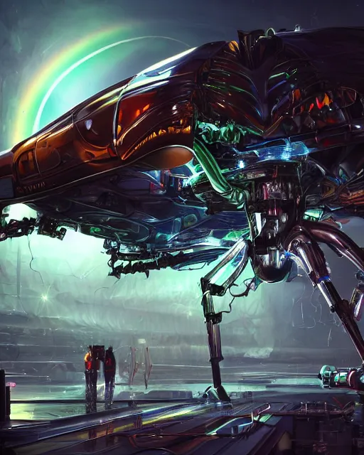 Image similar to detailed photo of rainbow stag beetle shaped alien vehicle, laboratory, mechanical, 8 k, by daniel mcgarry, xiaolong wang, trending on artstation, hyper detailed, beautiful lighting, epic environment