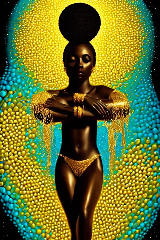 Prompt: hyperrealistic precisionist cinematic profile very beautiful! black oshun goddess, dancing in water!, mirror dripping droplet!, gold flowers, highly detailed face, digital art masterpiece, smooth eric zener cam de leon, dramatic pearlescent turquoise light on one side, low angle uhd 8 k, shallow depth of field