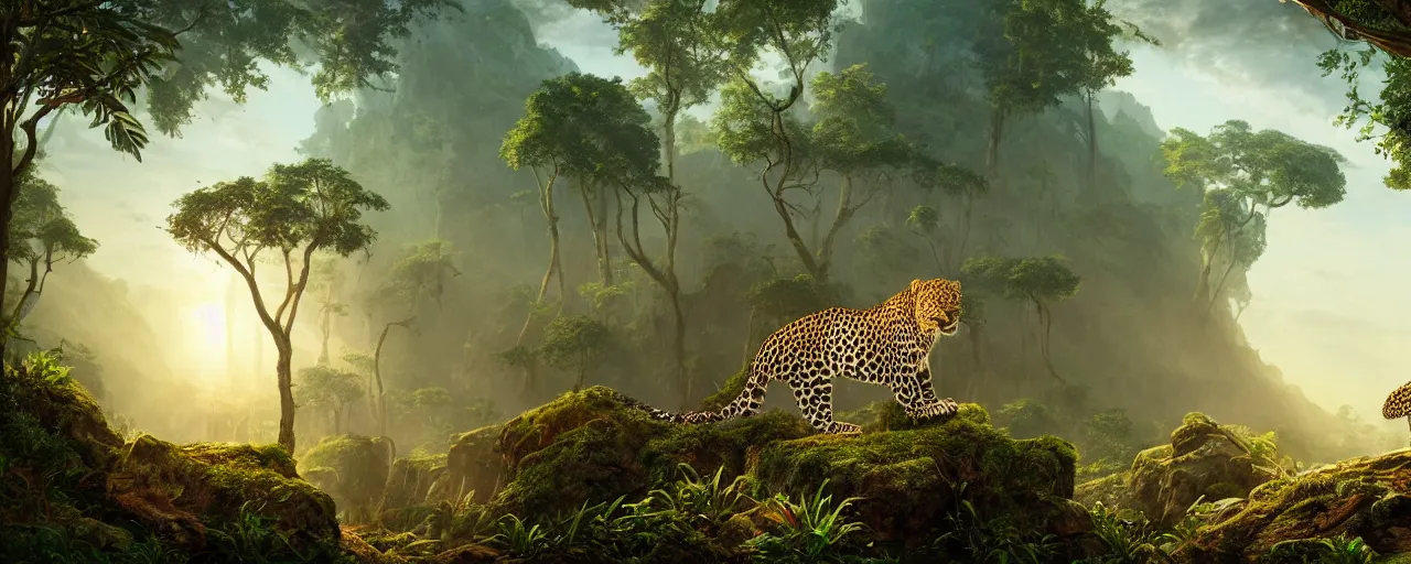 Image similar to leopard standing in the jungle, beautiful dynamic lighting, cinematic, wide angle establishing shot, extremely high detail, photo realistic, cinematic lighting, post processed, concept art, artstation, matte painting, style by frederic church, raphael lacoste, unreal engine 8 k