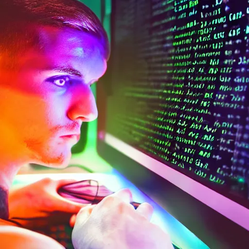 Image similar to close up portrait of cyber hacker plugged into computer, neon lights, pixel art