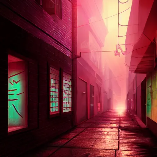 Prompt: dark alleyway with a glowing neon sign, city, cinematic, cinematic lighting, photorealistic, hyperdetailed 3 d matte painting, iridescent, deviantart, trending on artstation, concept art