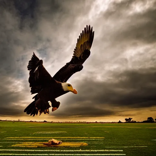 Prompt: cinematic photo of a giant eagle snatching away the oregon duck mascot with its talons. the eagle is lifting the duck into the sky. camera is looking up at the subject in the sky with fancy clouds behind