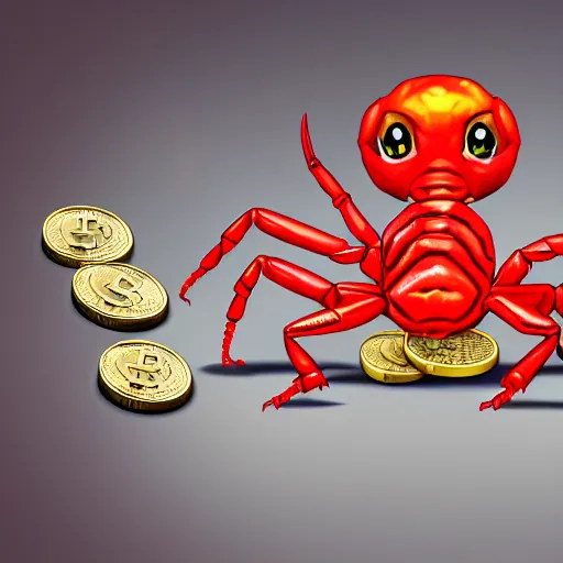 Image similar to photography of a realistic a very detailed red scorpion with yellow tail on top of cryptocurrency coins of different colors, some gems, a few diamonds animal, ultra detailed, 8 k, cinematic lighting, natural background, trending on artstation, pokemon