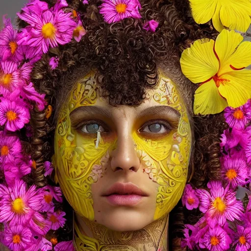 Prompt: a beautiful intricate fine art portrait photo of an indian cyborg with bionic implants on the face, epic curly hair spread out around her lined with beautiful yellow hibiscus, lying on a bed of daisies, by natalie shau and james christensen, masterpiece!, top view, studio lighting, golden ratio composition, 5 0 mm lens, deep depth of field, artstation, 8 k