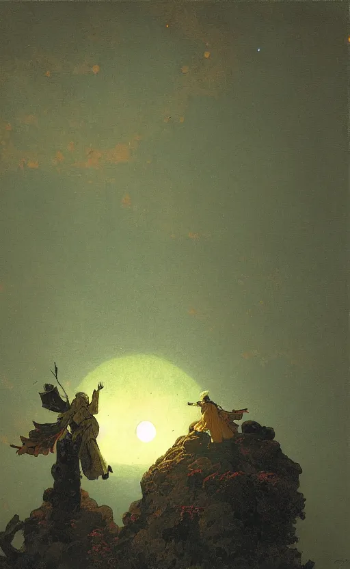 Image similar to meditation on the background of a huge crimson moon, by carl spitzweg