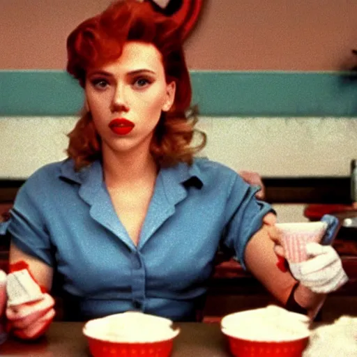 Image similar to a still of Scarlett Johansson as a waitress at the double r diner in Twin Peaks (1990)