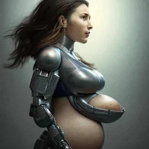 Image similar to pregnant female cyborg, cozy atmospheric and cinematic lighting, ultra rendered extreme realism and detail 8 k, highly detailed, realistic, refined, bautiful, fine art photography, hyper realistic, in the style of greg rutkowski, by artgerm, by gustave dore, by marco turini, photorealistic, elegant, sharp focus, majestic, award winning picture, intricate, artstation,