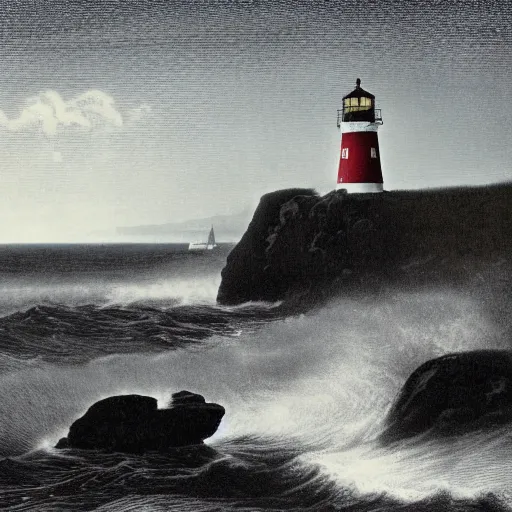 Image similar to moonlit waves on the shore with longship's lighthouse, cornwal, land's end, by albert julius olson