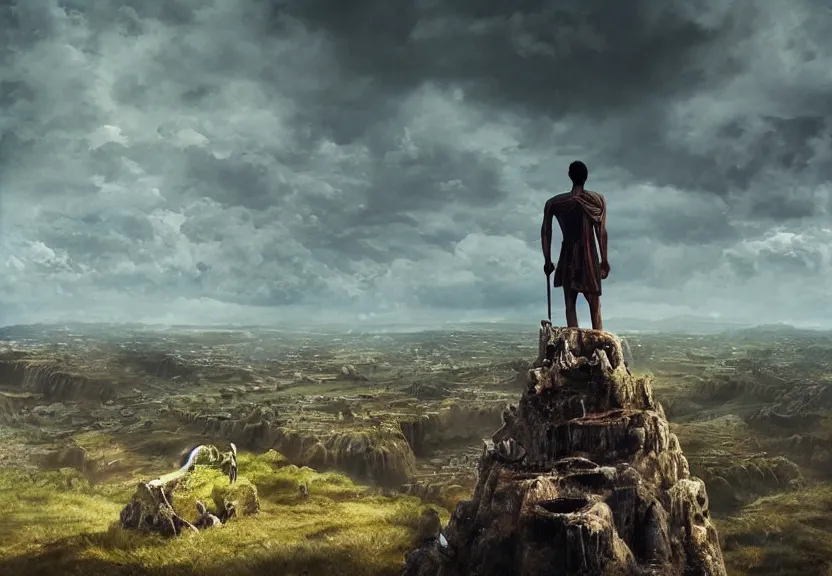 Image similar to “king, looking over his civilization from the top of the hill, digital art, award winning, 4k”