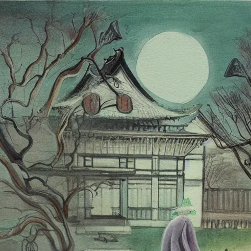 Image similar to A beautiful painting. It was a mansion of ghosts and monsters, with ghouls in the shadows and demons scuttling behind the wainscotting. in Japan by Walter Percy Day