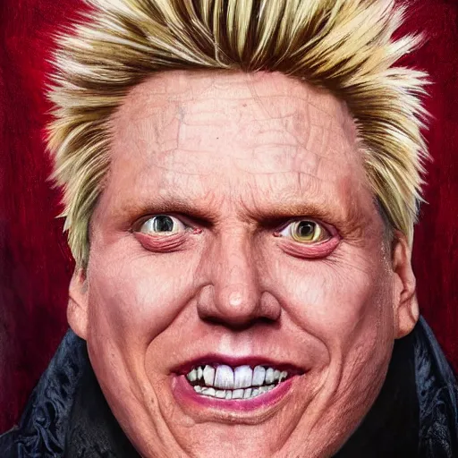 Image similar to hyperrealistic mixed media high resolution painting of (Gary Busey) as the !Emperor from Star Wars!, stunning 3d render inspired art by Jamie Salmon and WForrest and Greg Rutkowski, perfect facial symmetry, dim volumetric lighting, 8k octane beautifully detailed render, full body shot, post-processing, extremely hyper-detailed, intricate, epic composition, highly detailed attributes, highly detailed atmosphere, cinematic lighting, masterpiece, trending on artstation, very very detailed, masterpiece, stunning, flawless completion, lifelike texture, perfection,