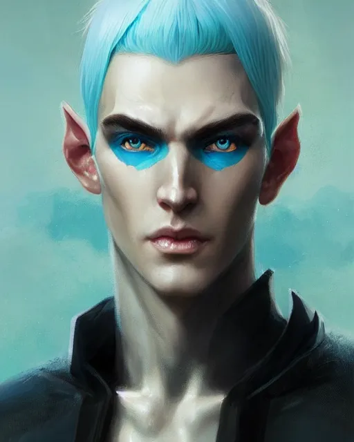 Prompt: character portrait of a slender young half elven man with white hair, piercing turquoise blue eyes, and pale blue skin, wearing sleek black armor, by greg rutkowski, mark brookes, jim burns, tom bagshaw, trending on artstation