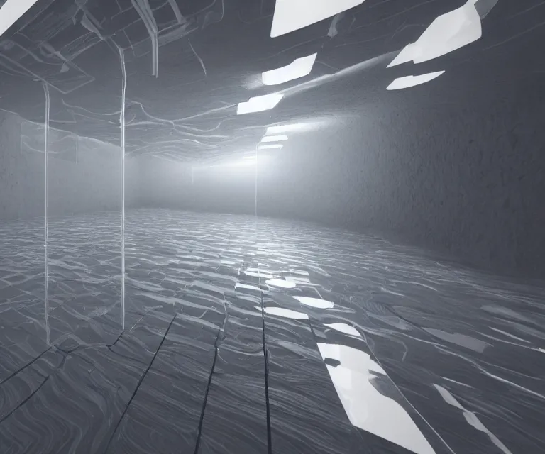 Prompt: still from a film : floating vr interface with depth of field, a minimalist transparent space station tunnel network, vertically floating panels & soft white marble tablets displaying zooming interfaces and long scrolls and blurry misty glowing floating computer panels, stark chiaroscuro lighting