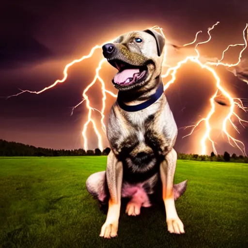 Prompt: a canine thor holding thor's hammer in its paw, dramatic lightning background, flying