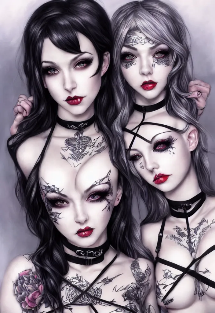 Image similar to two beautiful pale skin cosplay girls, gray eyes, black hair, fully tattooed body, fishnet corset with choker, clothes fully on, symmetrical, beautiful detailed face, masterpiece, paint by artgerm