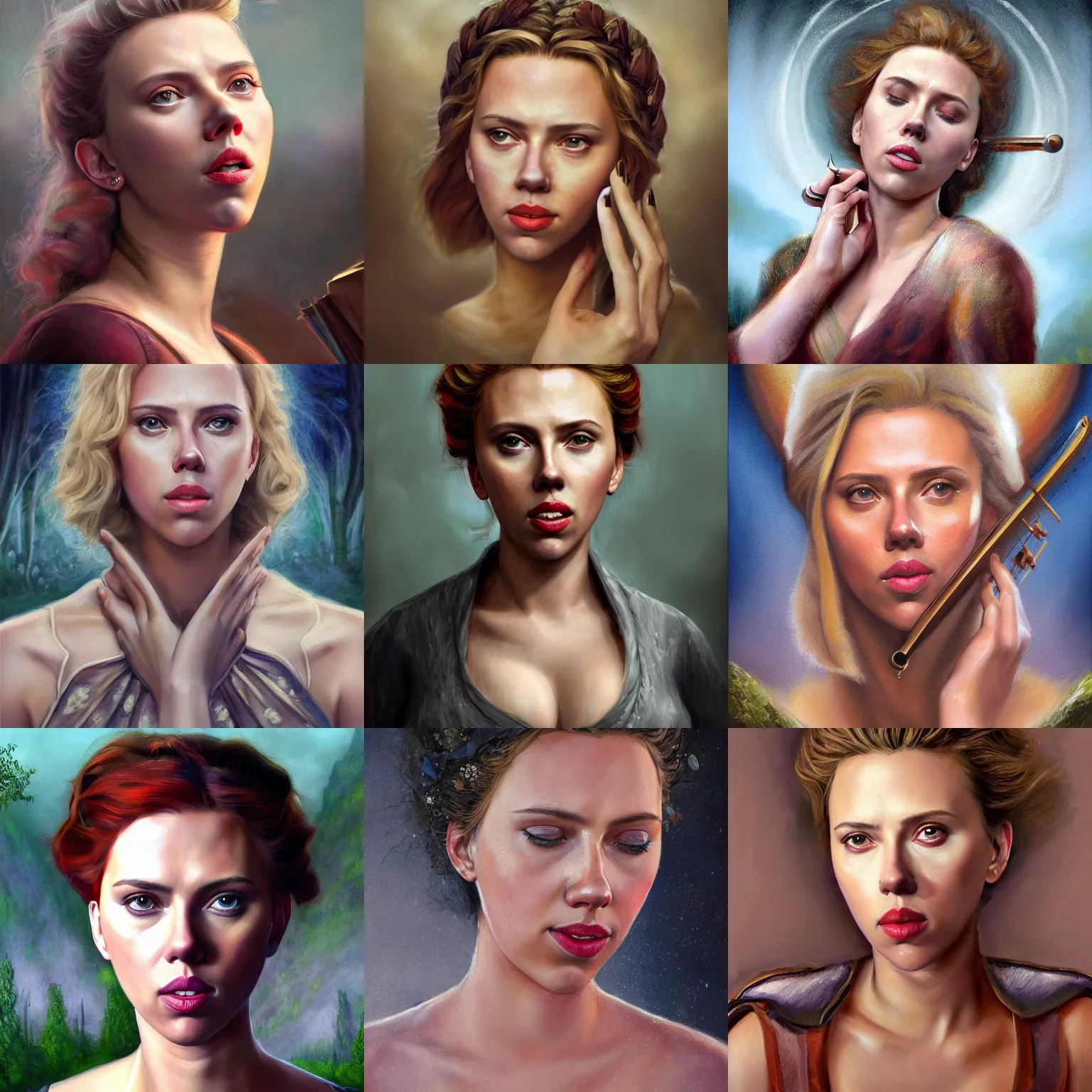 Image similar to a full body high detail fantasy portrait oil painting illustration of scarlett johansson as a beautiful sophisticated singing bard woman by justin sweet with face and body clearly visible, in a scenic background, pupils visible, realistic proportions, d & d, rpg, forgotten realms, artstation trending, high quality, sombre mood, artstation trending, muted colours, entire person visible!