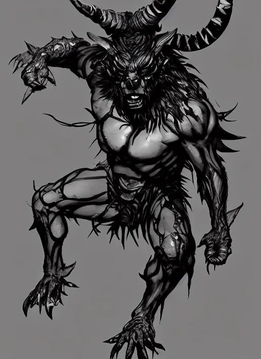 Image similar to A horned shadow demon bear spirit with sharp claws. In style of Yoji Shinkawa and Hyung-tae Kim, trending on ArtStation, dark fantasy, great composition, concept art, highly detailed.