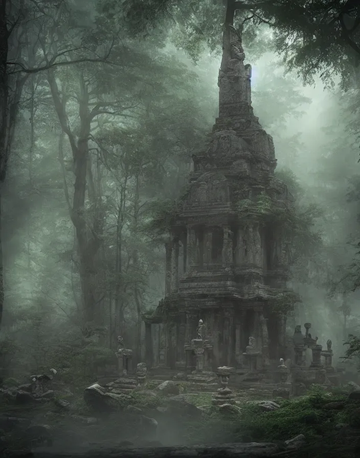 Image similar to an ancient temple with statues lost in a gigantic forest by ivan dedov, painting, cinematography, epic lighting, volumetric, fog,