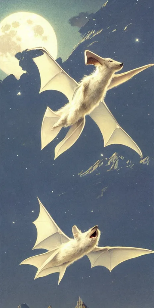 Image similar to a white bat, flying against a night sky, mountain in the background, moonlight, denoised, very detailed, painted by james gurney, norman rockwell, tom bagshaw