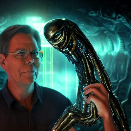 Image similar to bob lazar holding element 1 1 5 with alien, realistic artstyle, wide shot, dramatic lighting, octane render, hyperrealistic, high quality, highly detailed, hd, beautiful, cinematic, 8 k, unreal engine, facial accuracy, symmetrical