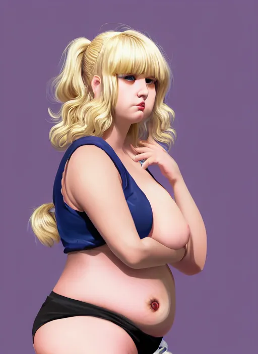 Image similar to full body teenage betty cooper, blonde hair, obese, bangs, ponytail, sultry, realistic, sultry smirk, ponytail, fluffy bangs, curly bangs, fat, belly, beautiful girl, intricate, elegant, highly detailed, digital painting, artstation, concept art, smooth, sharp focus, illustration, art by wlop, mars ravelo and greg rutkowski